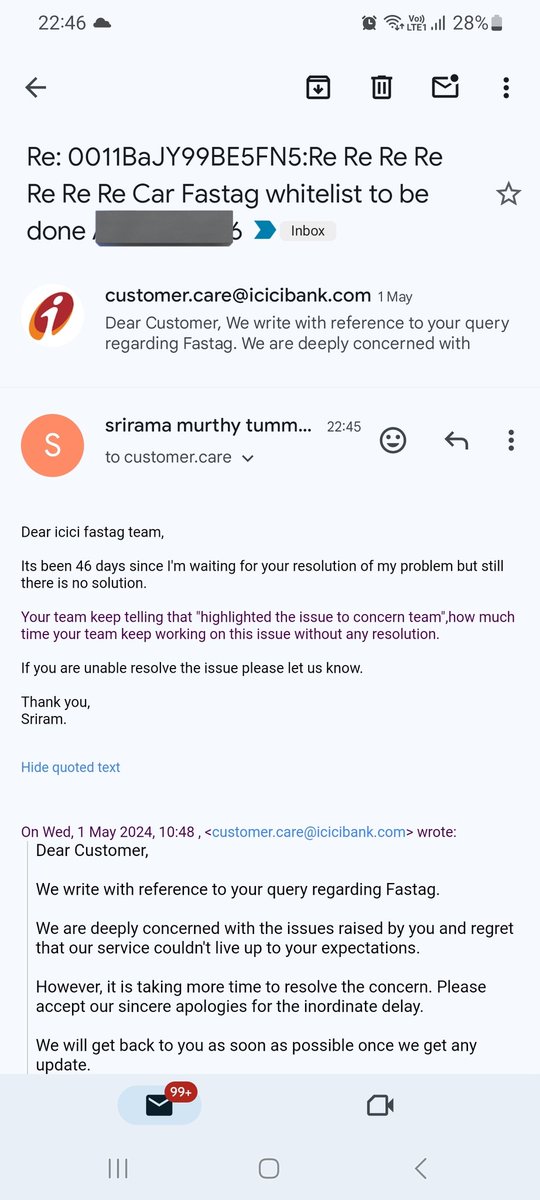 @ICICIBank_Care  #Worstexperience with icici bank fastag team,isued fastag to unautorised persn of my own vehicle,its been 46 days since i escalated issue to icici cc mail till know I didnt get any response.from day 1 they are keep teling we working on,I dn't know whats hapening