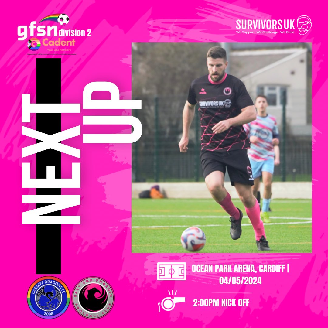 🚨Next Up:
@gfsnuk div 2 - Match Day 8️⃣

Vs @cardiffdragonsfc 
📍Ocean Park Arena, Cardiff
⏰ 2:00PM kick off 

Traveling Supporters Always Welcome 👏 

COME ON PHOENIX!!

#lgbtfootball | #gfsn | #cadent | #footballforall | #grassrootsfootball | #lgbtq