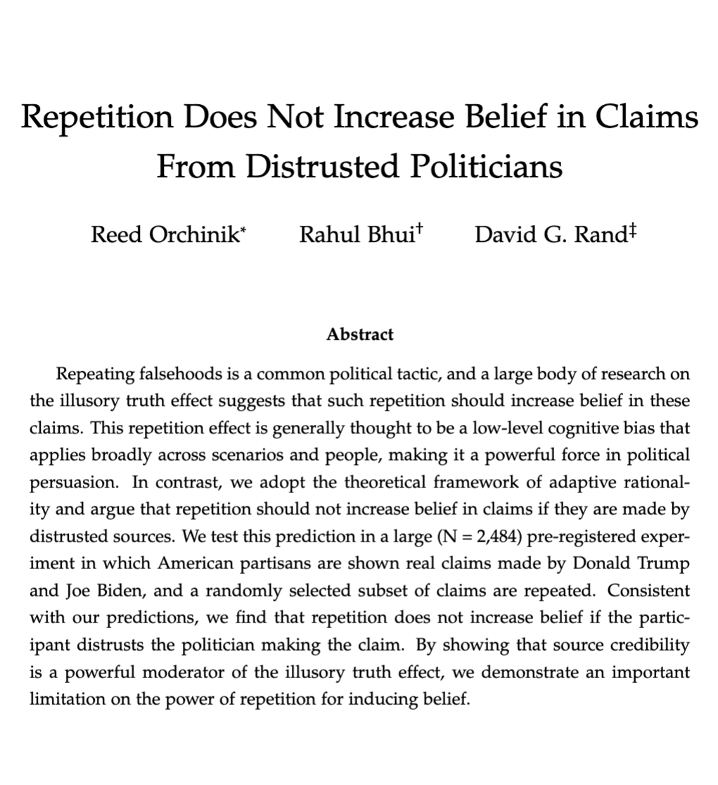 🚨New WP🚨 Repetition increases belief ('illusory truth'). Does this mean politicians can just repeat any claims and make them widely believed by everyone? NO! We find repetition does NOT increase belief in claims from politicians who one DISTRUSTS osf.io/preprints/psya… 1/8