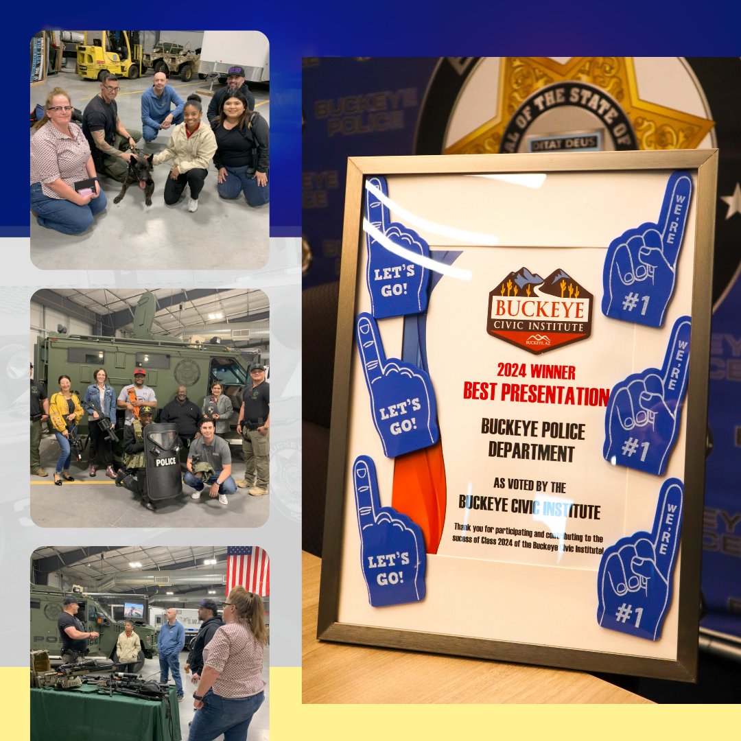 BuckeyeAZPD's tweet image. Buckeye police were recognized for our presentation to the 2024 Buckeye Civic Institute. We enjoy taking opportunities to educate the community about our tools, training, department goals and values.