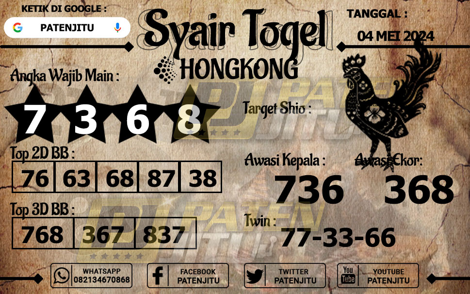 ✍🏼Prediksi HONGKONG, 04 MEI 2024

📌 DAFTAR : cli.re/patenjitu-terp…

#patenjitu #pastidibayar #togel #togelonline #jackpottogel #bandartogel #situstogel #bandartogelonline #situstogelonline #prediksihongkong #prediksihk