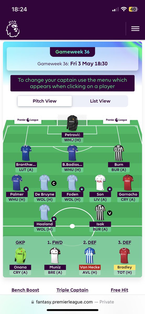 GW36 🔒 
Schar to burn 
Gusto to badiashile
KDB captain
Taking a few risks these last few weeks, no doubt it’ll end in disaster
Good luck folks