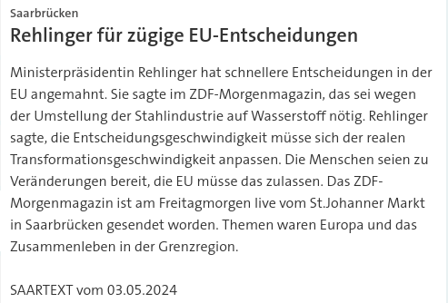 #SKK20240503 #SAARTEXT #Ministerpräsidentin Rehlinger hat schnellere Entscheidungen in der EU angemahnt. | #Saarland @AnkeRehlinger #ZDF #Morgenmagazin #Saarbrücken #AnkeRehlinger #Stahlindustrie #SPD