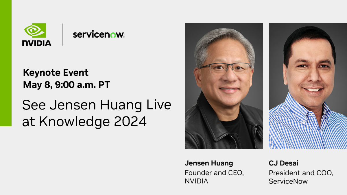 Watch NVIDIA Founder and CEO Jensen Huang live on stage with @ServiceNow President and COO CJ Desai, as they discuss how businesses are using #generativeAI to gain a competitive advantage. #Know24 @HelloKnowledge Register now for the Keynote: nvda.ws/3wiqndO