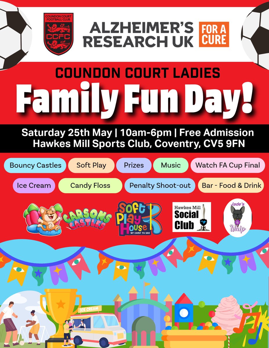 🎉 FAMILY FUN DAY 25TH MAY 🎉 

Join us for a fun-filled Family Fun Day on Sat 25th May in support of @AlzResearchUK & Coundon Court Ladies! Games, activities, prizes & more! All profits donated 🖤 ❤️ 

#FamilyFunDay #Coventry #AlzheimersResearchUK