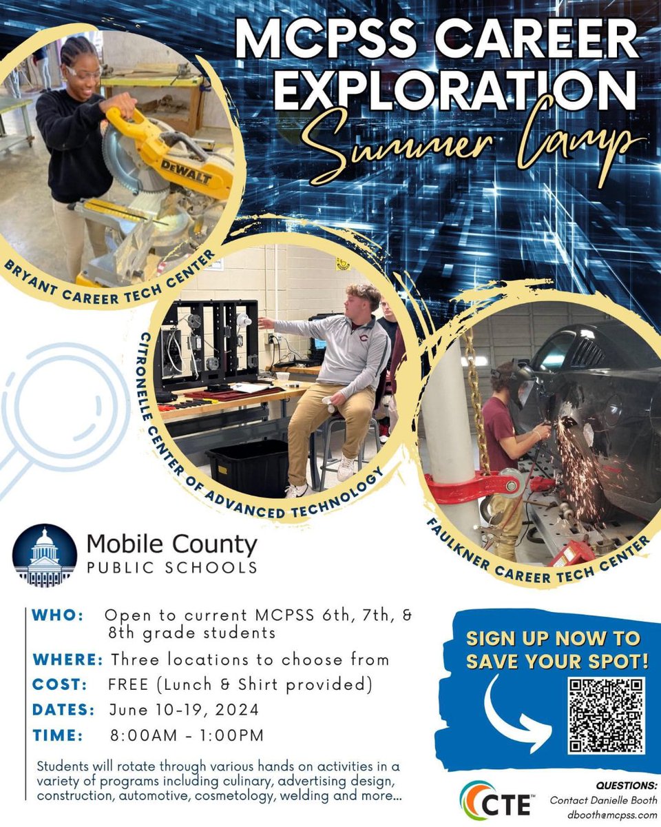 Attention, parents of middle school students! The Mobile County Public Schools Career Tech Department is hosting an Exploration Camp this summer for current sixth, seventh, and eighth grade MCPSS students. The dates are June 10-19. #AimForExcellence #LearningLeading