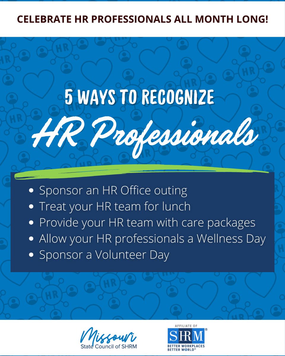 Today is HR Professionals Day in #Missouri. From #MOSHRM, thank you to all HR Professionals in Missouri for everything you do to make better workplaces for a better world. Take today &amp; the rest of May to recognize you &amp; your team.  Share what you are doing to recognize #HRPros!