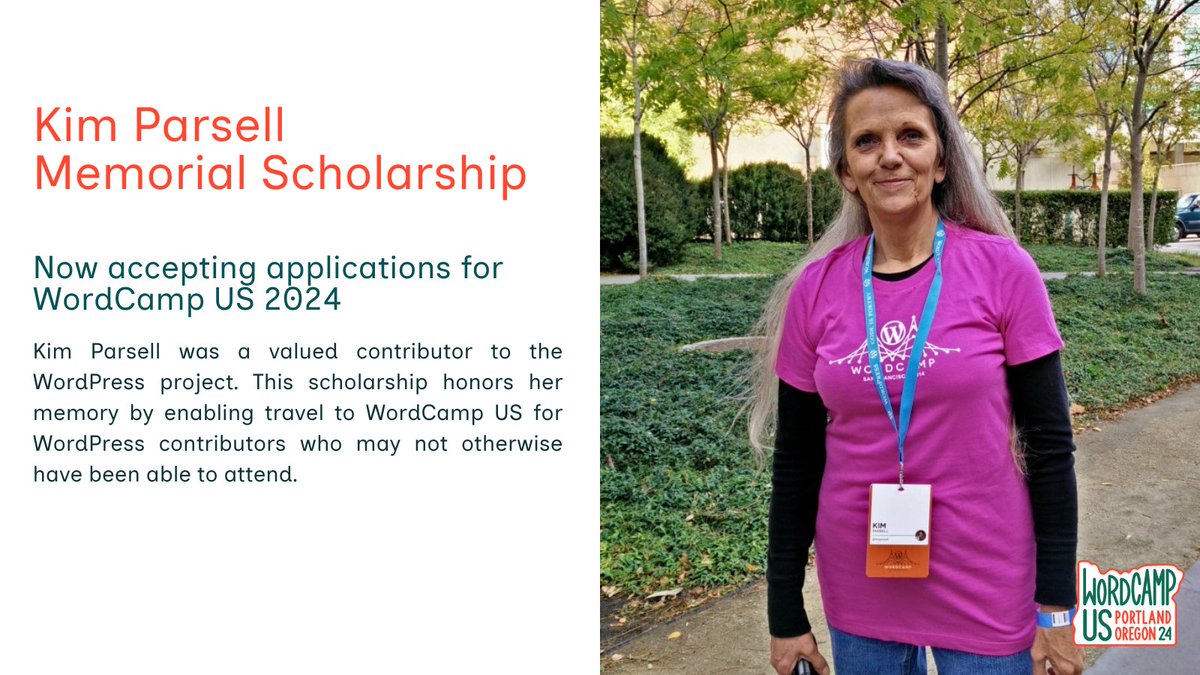 The Kim Parsell Memorial Scholarship is now accepting applications for WordCamp US 2024. This scholarship covers the of an event ticket, airfare, and lodging for one attendee at this year's event. Applications are open through May 30th. us.wordcamp.org/2024/apply-now… #WCUS