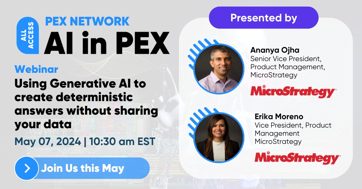 🔥 Unlocking the Power of Generative AI: A Webinar You Can’t Miss! Join MicroStrategy’s Erika Moreno & Ananya Ojha with PEX Network on May 7 to learn about an innovative approach to integrating AI and BI? 🔗 Ready to Dive In? Register : bit.ly/MicroStrategyAI