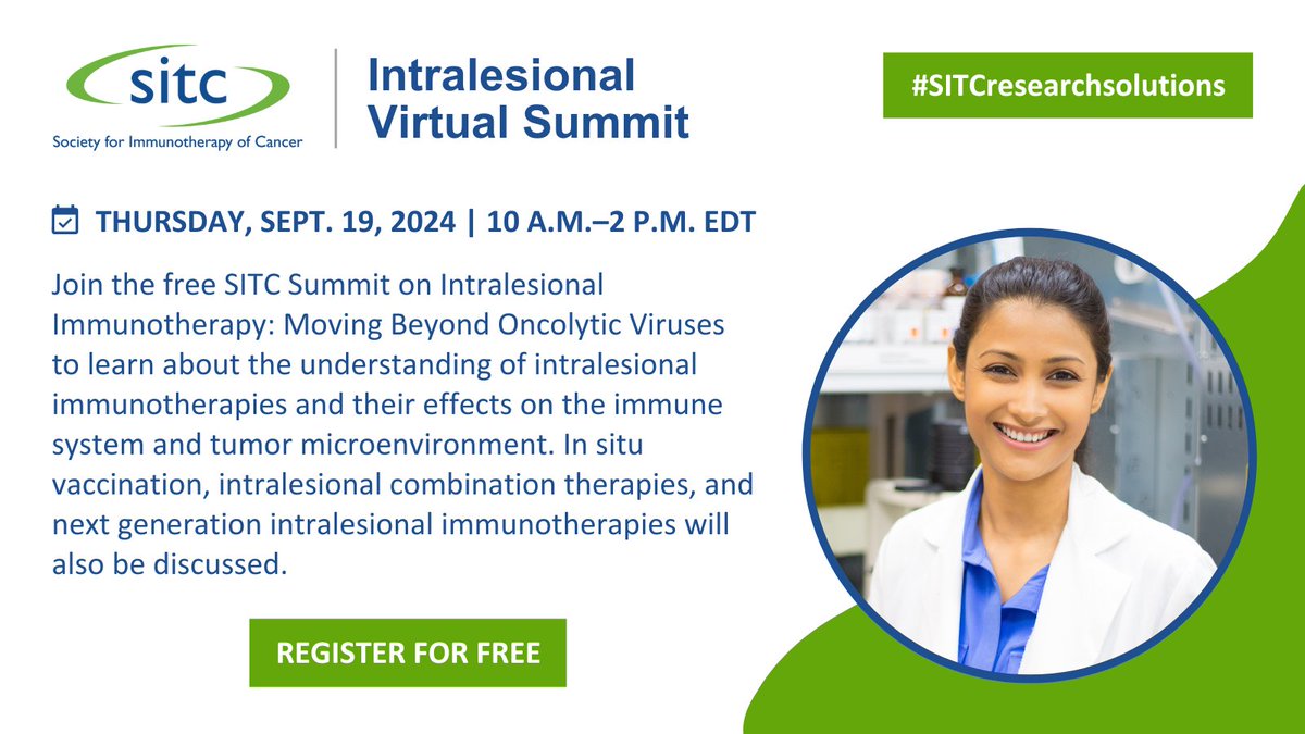 Register for the free Summit on Intralesional Immunotherapy: Moving Beyond Oncolytic Viruses. This virtual event will present the state of the field and feature invited stakeholders involved in intralesional immunotherapy research & development. Register: go.sitcancer.org/3JkaR3S