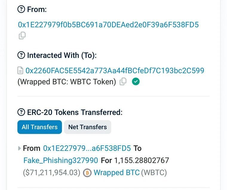 This person who mistakenly sent 1155 $WBTC valued at ($71m) to a phishing account should have someone with him everyday of his life. Many can’t live with such mistake.