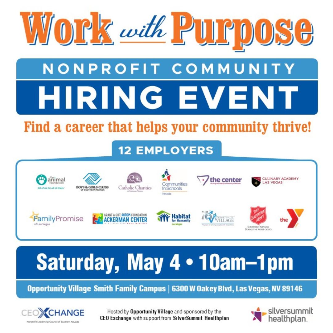 Join some of Las Vegas' most vital community organizations at the Work with Purpose hiring event! 🔹Saturday, May 4 🔸10 a.m.-1 p.m. 🔸Opportunity Village Smith Family Campus, 6300 W. Oakey Blvd. ⁠ #WorkWithPurpose #NonprofitWork #NowHiring #HiringEvent #LasVegas