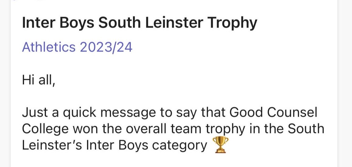 Nice message to receive on Friday evening.  Well done to Ms Stafford and all the boys on landing the overall Inter Boys title at Sth. Leinster Athletics. #superblues