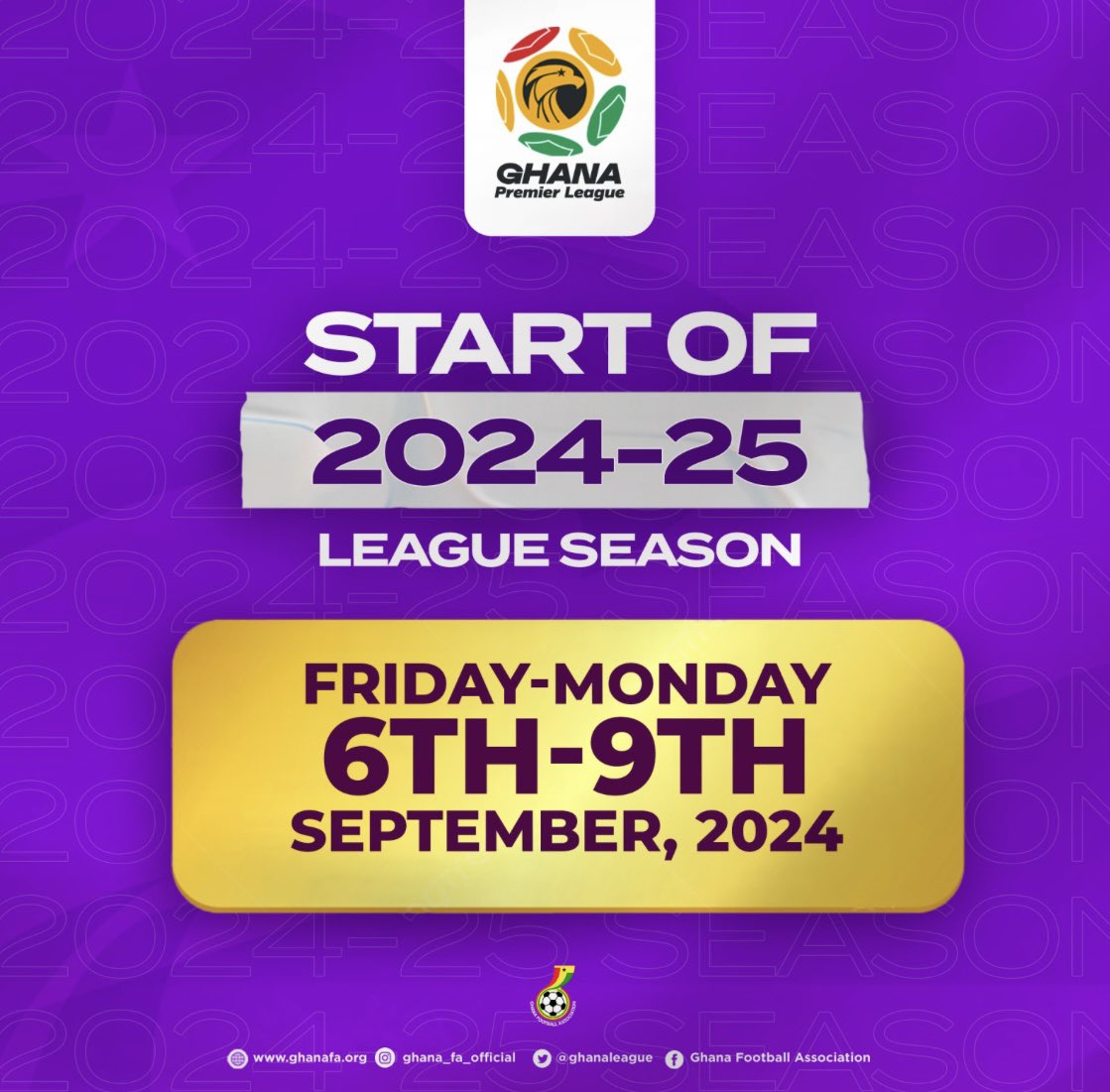 The start dates for the 2024/2025 @GhanaLeague season have been confirmed, with the campaign starting on 6 September, 2024, 82 days after the 2023/24 Premier League concludes on June 16, 2024. The opening matches will take place on the weekend starting Friday, September 6, 2024,…