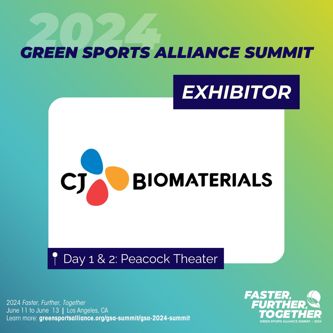 Welcome @cjbiomaterials as an Innovation Hub exhibitor for 2024 Green Sports Alliance Summit: Faster, Further, Together from June 12-13. #CJbiomaterials looks forward to seeing you in Los Angeles. Click here to secure your ticket for #24GSASUMMIT 🔗 greensportsalliance.org/gsa-summit/202…