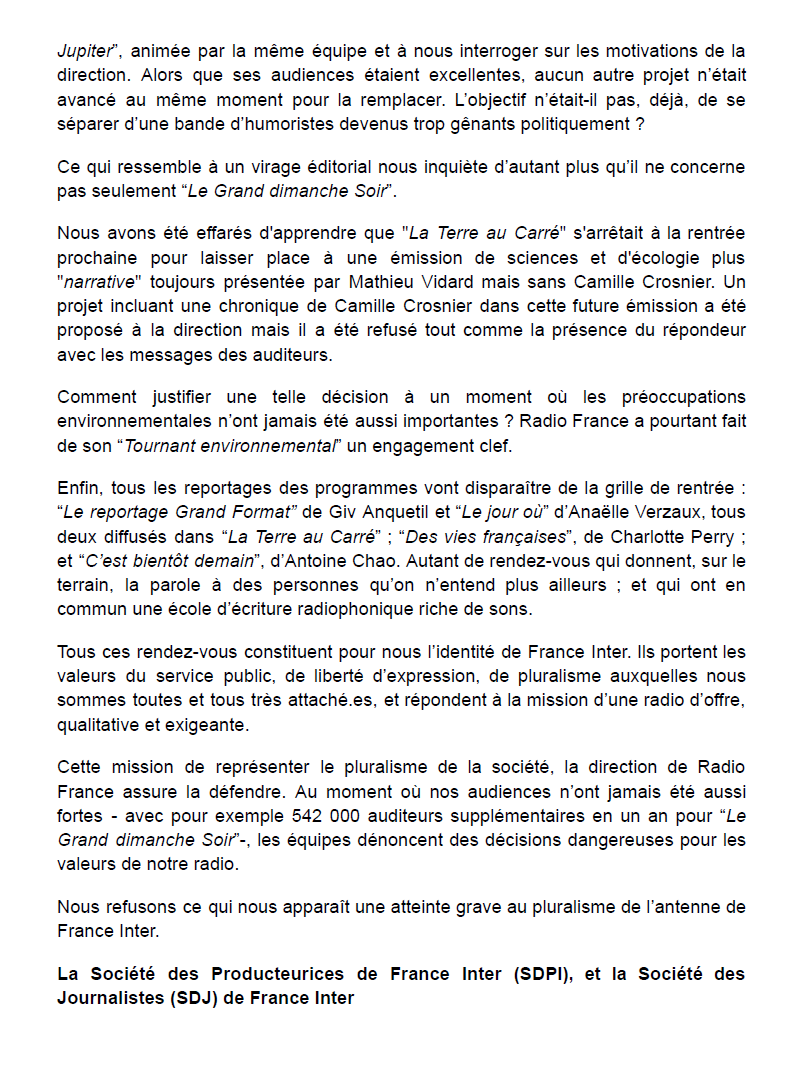 SDJ France Inter (@sdjfranceinter) on Twitter photo La Société des Producteurices de France Inter (SDPI) et la Société des Journalistes de France Inter (SDJ) s'inquiètent de la convocation de <a href="/GMeurice/">GMeurice</a> par la direction de Radio France, symptôme d'un virage éditorial plus large. La Société des Producteurices de France Inter (SDPI) et la Société des Journalistes de France Inter (SDJ) s'inquiètent de la convocation de <a href="/GMeurice/">GMeurice</a> par la direction de Radio France, symptôme d'un virage éditorial plus large.
