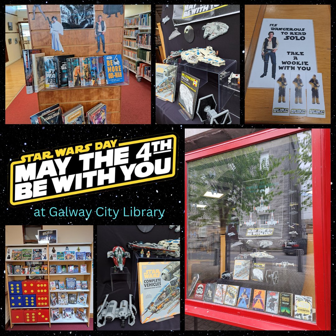 It's #StarWarsDay and @galwaycitylib's window display wants you to join Rogue Squadron and fight the Empire! Check out the amazing Lego Star Wars ships and browse the fab selection of books. Don't forget to take one of our special wookie bookmarks! #maythefourth #starwars