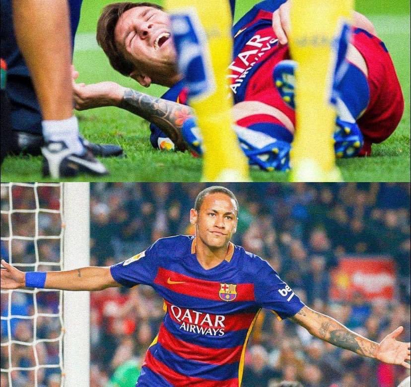 2015: - Messi sufrió una grave lesión en la rodilla izquierda y estuvo dos meses de baja. - Neymar se rapó el pelo, botas negrass y asumió toda la responsabilidad del equipo. Marcó 13 goles y dio 9 asistencias en tan solo 8 partidos. Por qué te fuiste al PSG, @neymarjr?💔