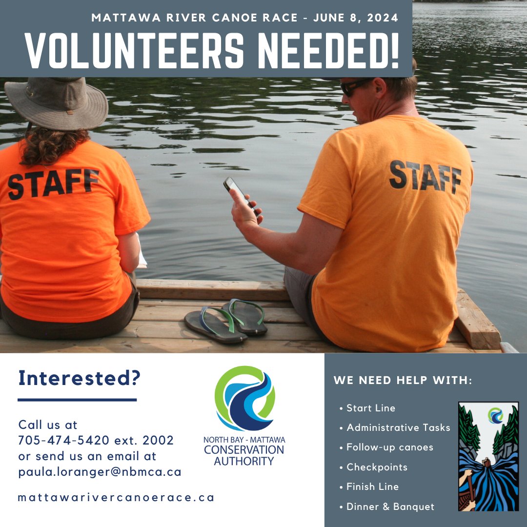 We are still in need of volunteers for a few roles at the Mattawa River Canoe Race on June 8.
Contact us at 705-474-5420 ext. 2002 or email: paula.loranger@nbmca.ca for further information.
#paddling #canoeing🚣 #Volunteering #watershed #canoerace #kayaking #StandUpPaddleBoarding
