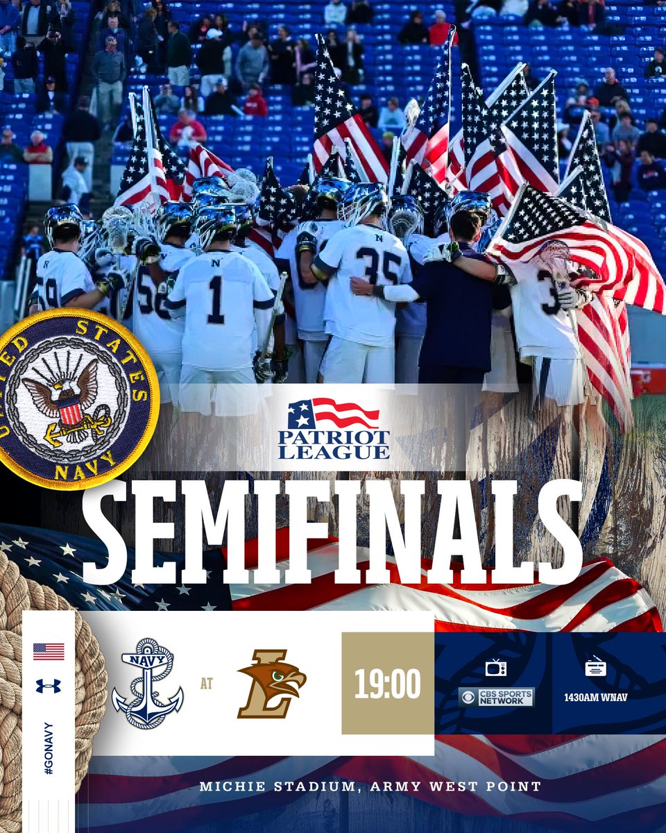 Stage is set for the Patriot League Semi’s!

For More Time! OUR WAY!

📍: Michie Stadium, West Point, NY
🇺🇸: 1858
⏰: 1907
Uniform: ⚪️🔵⚪️
📺: CBS Sports Network 
Radio:1430WNAV w/ @PeteMedhurst and @Jomilmil 
#BATL
#GoNavy⚓️🇺🇸