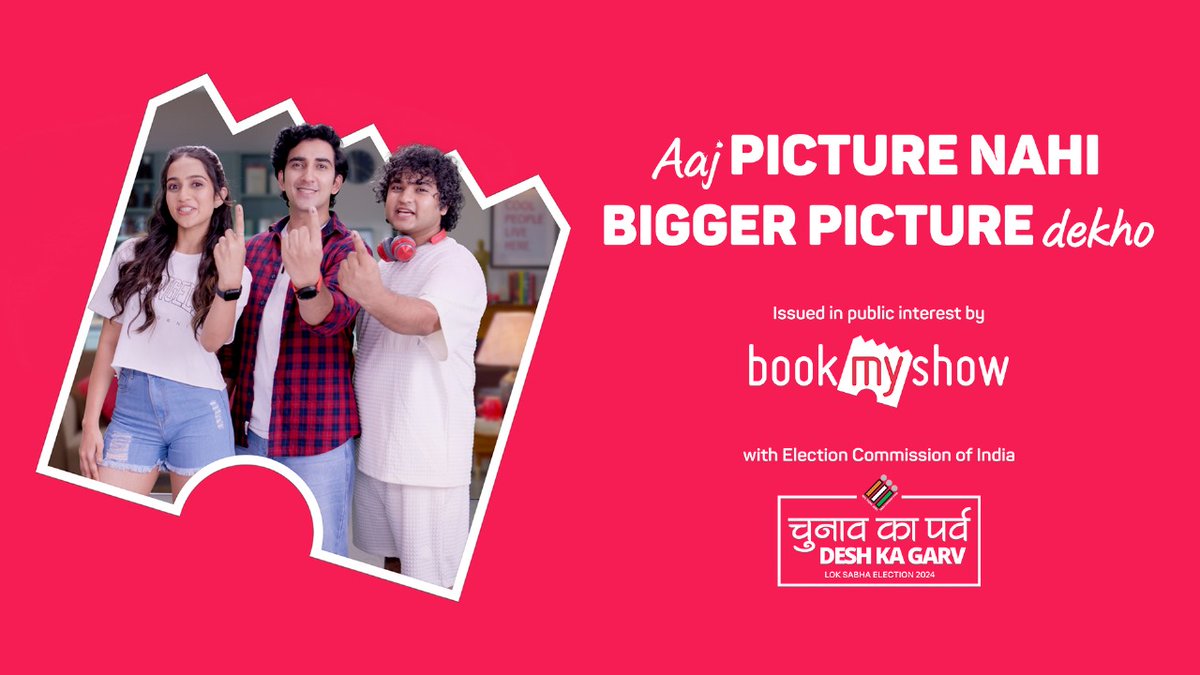 BookMyShow launches campaign ‘Aaj Picture Nahi, Bigger Picture Dekho’ urging youth to vote in the Lok Sabha Elections tinyurl.com/4axcxud5 @bookmyshow #LokSabhaElections #campaign #youth #AajPictureNahiBiggerPictureDekho #media #NewsUpdate