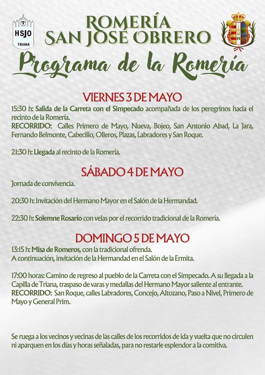 🔴⚪️ PLAN ROMERO 2024

🌿💐 Trigueros celebra su Romería de San José Obrero los días 3, 4 y 5 de mayo.

📄 Se activa el Plan Romero.

🫶🏻 ¡Feliz Romería de San José Obrero!

ℹ️ 👇🏼

#Trigueros #SanJoséObrero #Romería #planromero
@Ayto_Trigueros