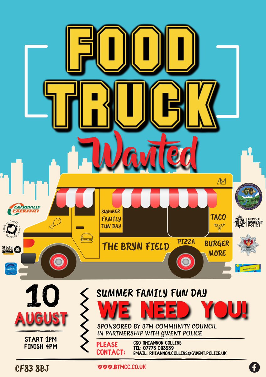 ☀️Food Truck Wanted☀️

Summer Family Fun Day - 10 August 2024

Please contact: CSO Rhiannon Collins
(Details on the poster below) 

#BTMCC #Summer #Family #FunDay #Community #GwentPolice #BTMarea #GYRarea #PleaseRT