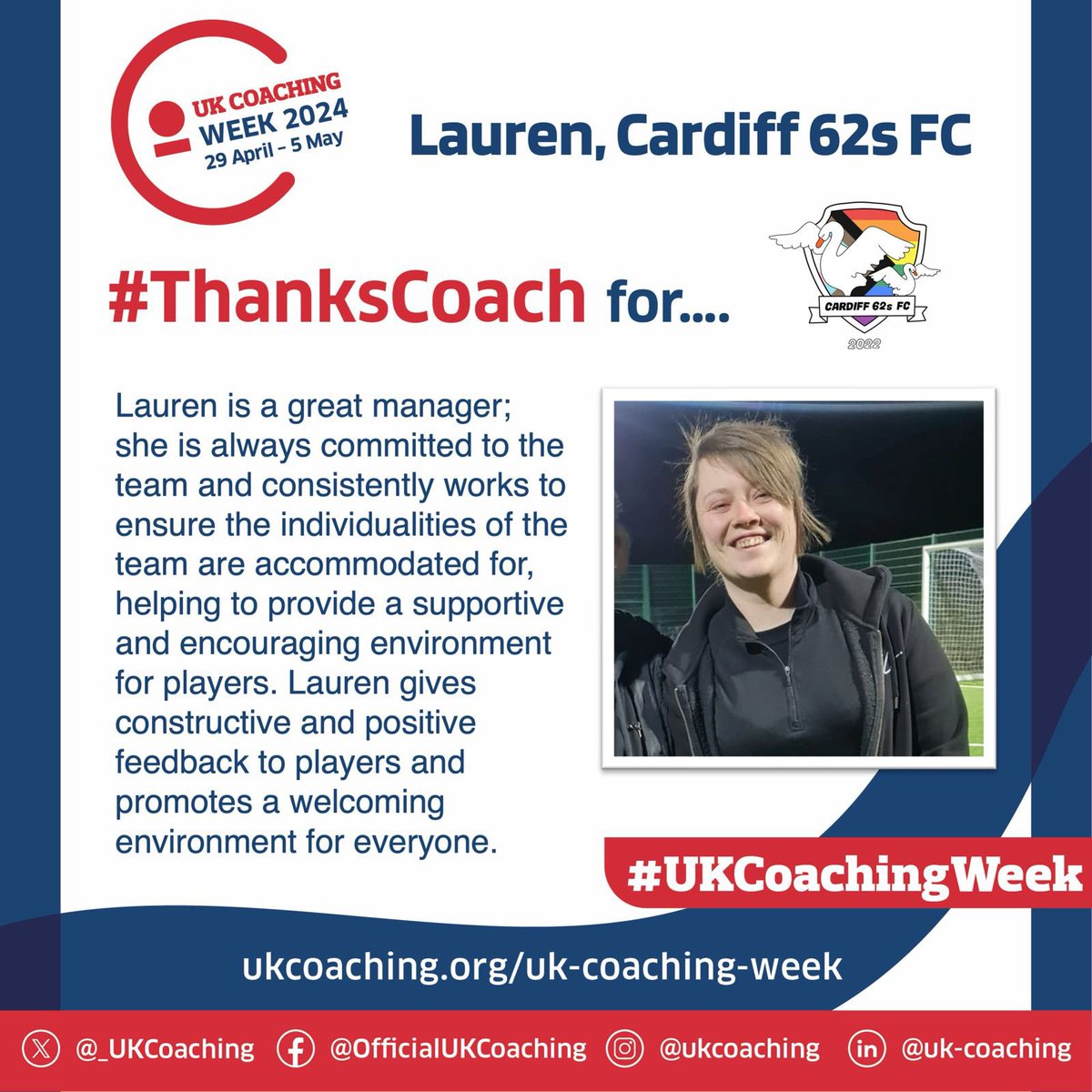 It’s #UKCoachingWeek and we’re celebrating some of the fantastic coaches who support LGBTQ+ community sport in England & Wales Next up is coach Lauren from @Cardiff62sFC 🙌🏻🏳️‍🌈🏳️‍⚧️ #ThanksCoach