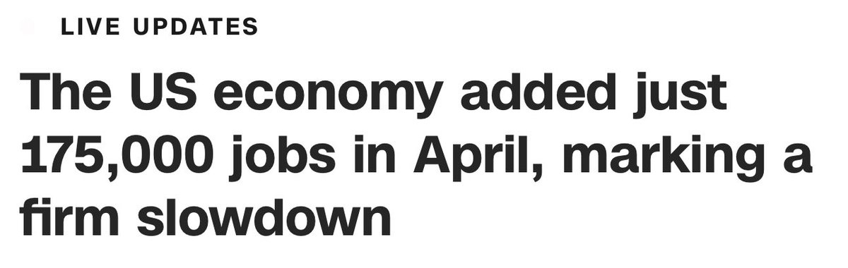 BREAKING 🚨 The US economy added just 175,000 jobs in April, marking a firm slowdown in economic growth

Unemployment rose to 3.9%

This increases the likelihood of an interest rate reduction by the FED to stimulate economic growth

BULLISH FOR #BITCOIN