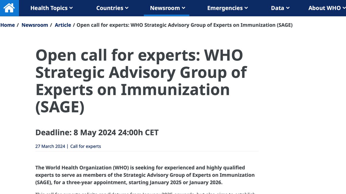 Open call for experts: WHO Strategic Advisory Group of Experts on Immunization (SAGE) who.int/news-room/arti…