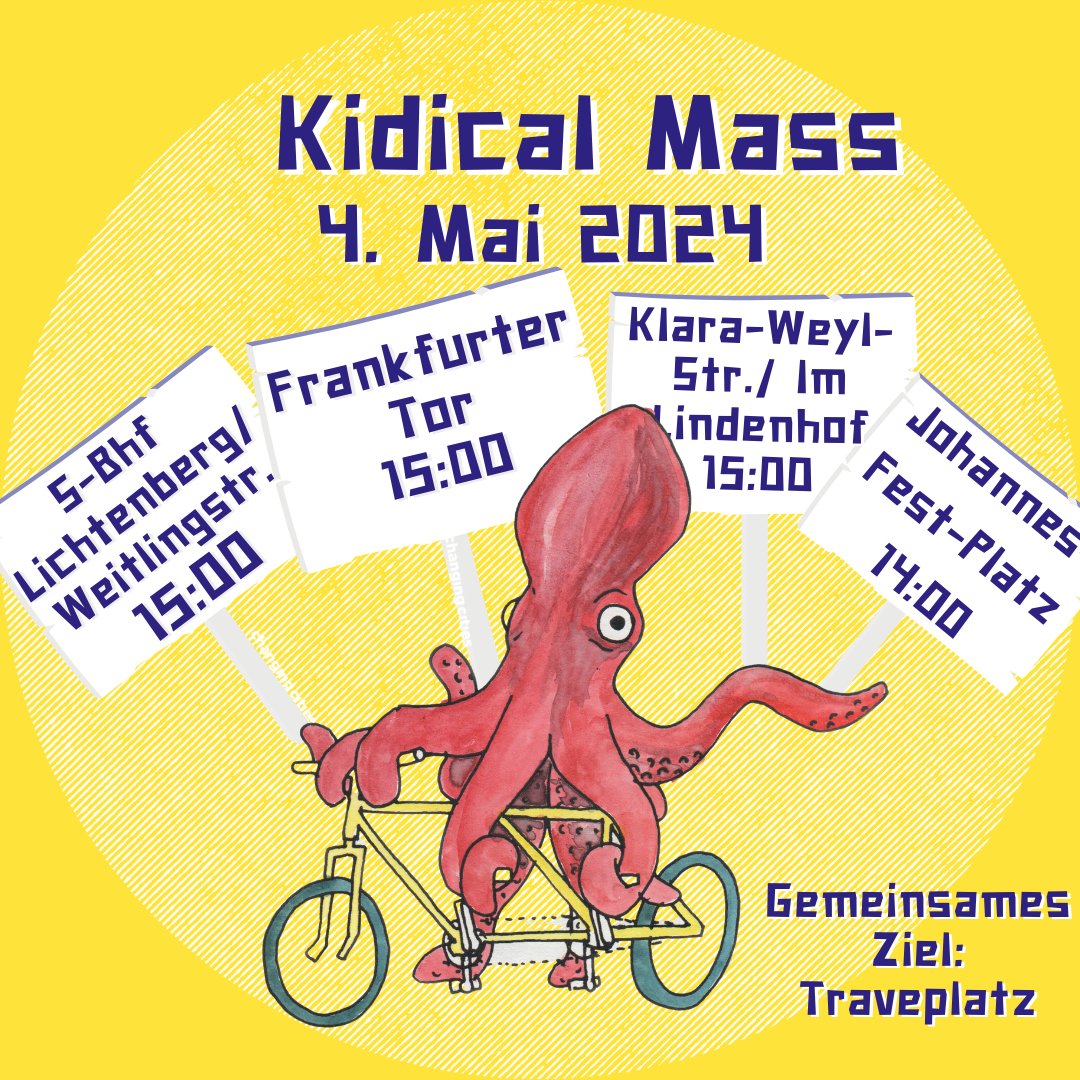 Morgen 04.05., die Mega-Kidical Mass in Lichtenberg! Sichere Mobilität auch für Kinder - ob in der Freizeit oder auf dem Weg zur Schule - zu Fuß oder mit dem Rad! 20°C und trocken sagt der Wetterbericht 🚴‍♂️🚴🚴‍♀️☀️ Auf die Räder fertig los 😀