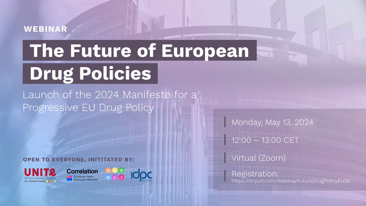 📢 UNITE, @CorrelationNet, @IDPCnet & NEWNet will host the launch of the 2024 Manifesto for a Progressive EU Drug Policy. Join Members of the European Parliament and civil society speakers to discuss the #FutureDrugPolicyEU24. 📅 May 13th ⏰ 12.00 CET 📝 tinyurl.com/WebinarFutureD…