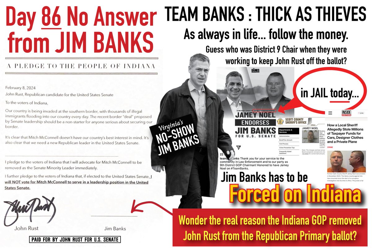 THICK AS THIEVES:   Team Banks's Jamey Noel is in jail today... connect the dots...  guess who was District 9 Republican Chairman when they were trying to keep John Rust off the ballot?    This is why they have to FORCE @Jim_Banks  on Indiana... he could not win a primary against…