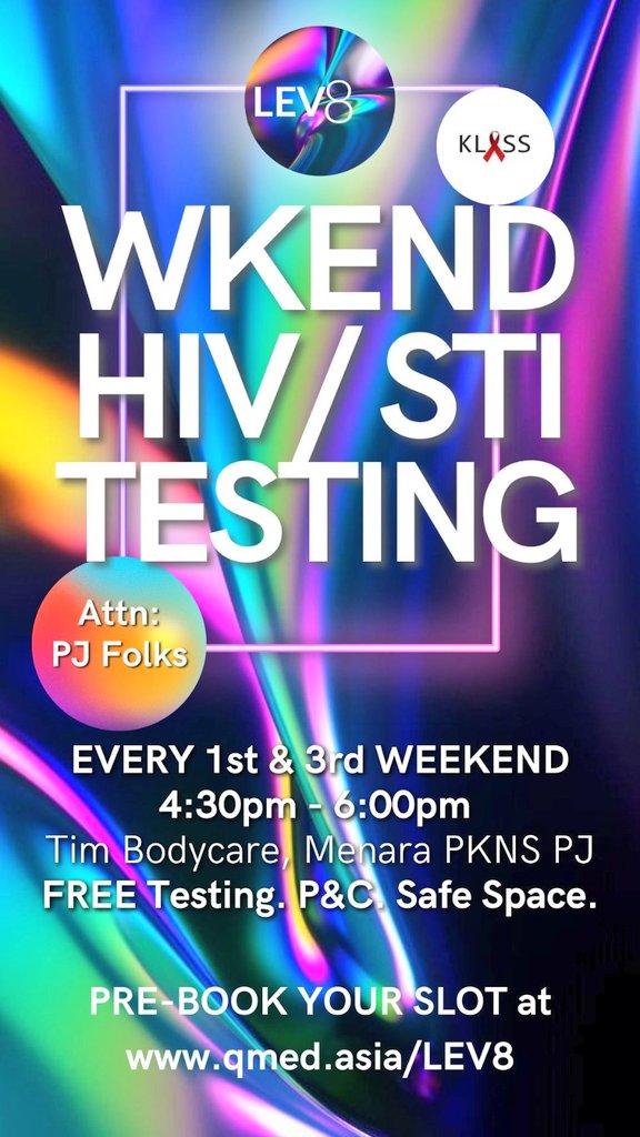 Hi guys, tmrw I will be on duty for LEV8 with @klass_my WEEKEND HIV/STI Testing at Tim's Bodycare, Menara PKNS, PJ (4pm - 6pm).

Orang² PJ, jomlah dtg! Boleh walk-in tapi priority giliran buat test kpd yg dah booked dulu ya. 

Book here 👉 qmed.asia/lev8

#gettested