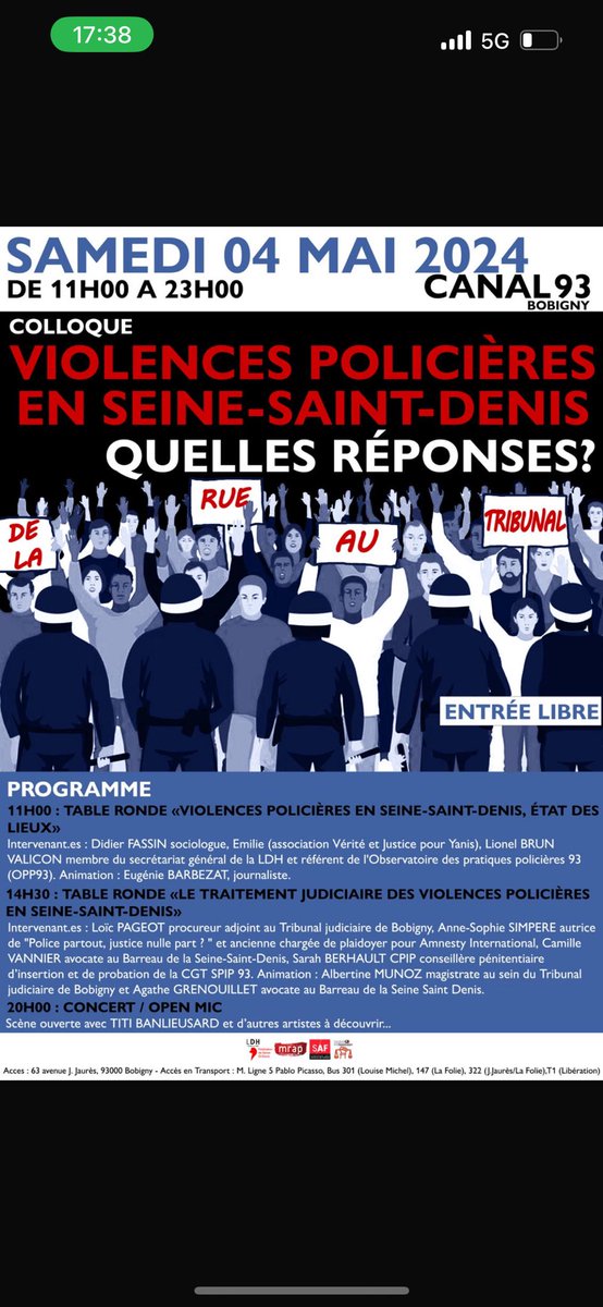 🗓️C’est demain!«Violences policière en Seine-Saint-Denis, de la rue au tribunal: quelles réponses? » à @Canal93Bobigny en présence de Didier Fassin,@asimpere,Loïc Pageot, @cmillevannier et bien d’autres. Des débats qui s’annoncent passionnants!On vous y attend nombreux!