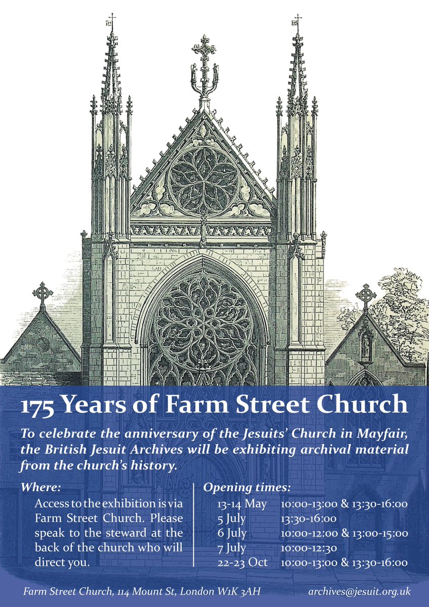 JesuitArchives's tweet photo. To mark the 175th anniversary of @FarmStChurch this year, we will be putting on a series of exhibitions to celebrate the church and its history. 

The first will be held 13 &amp; 14 May and is open to all. 

For more information e.g. future dates &amp; directions, see the poster below. https://t.co/Noi7c3eFXb