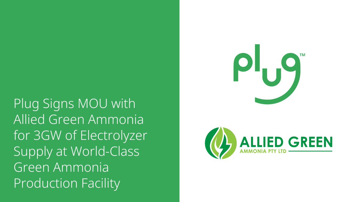 Plug has announced the signing of a memorandum of understanding (MOU) with Allied Green Ammonia to supply up to 3 gigawatts (GW) of Plug electrolyzer capacity for AGA’s upcoming hydrogen to ammonia facility proposed for the Northern Territory of Australia. ir.plugpower.com/press-releases…