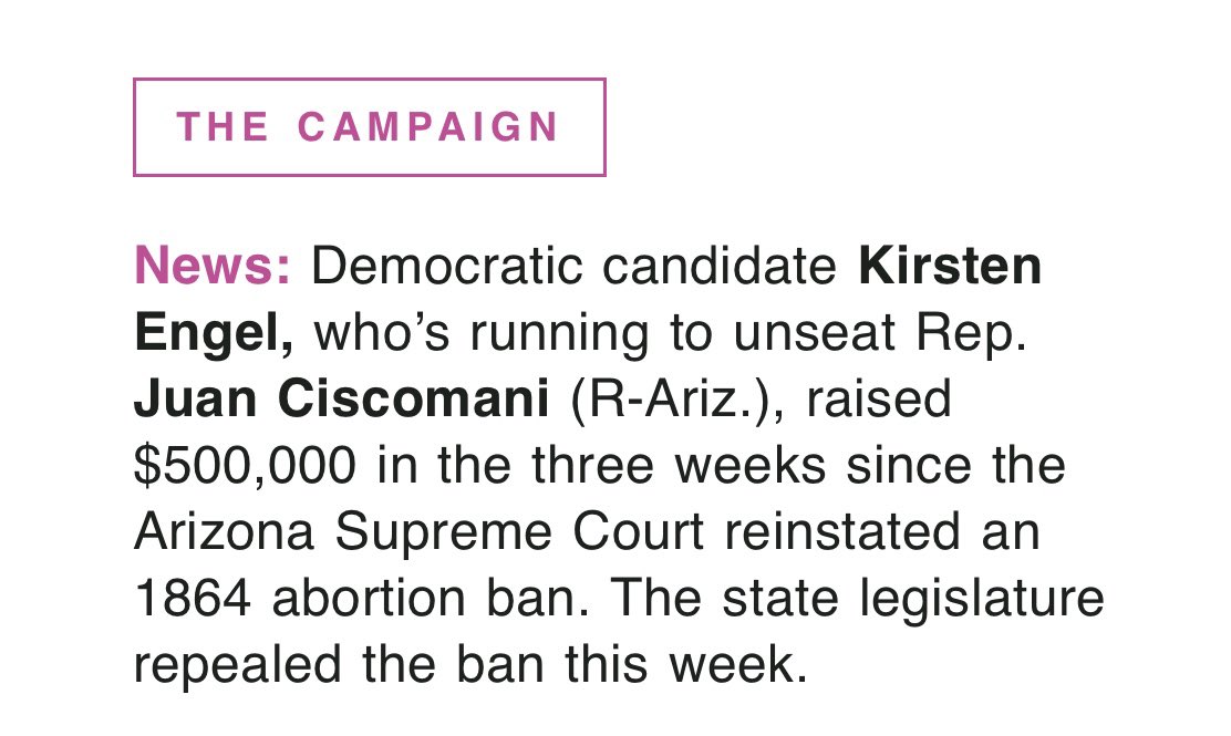 NEWS from @PunchbowlNews —> @EngelForArizona raised $500,000 in 3 weeks (!) since the AZ Supreme Court reinstated the state’s archaic abortion ban #AZ06