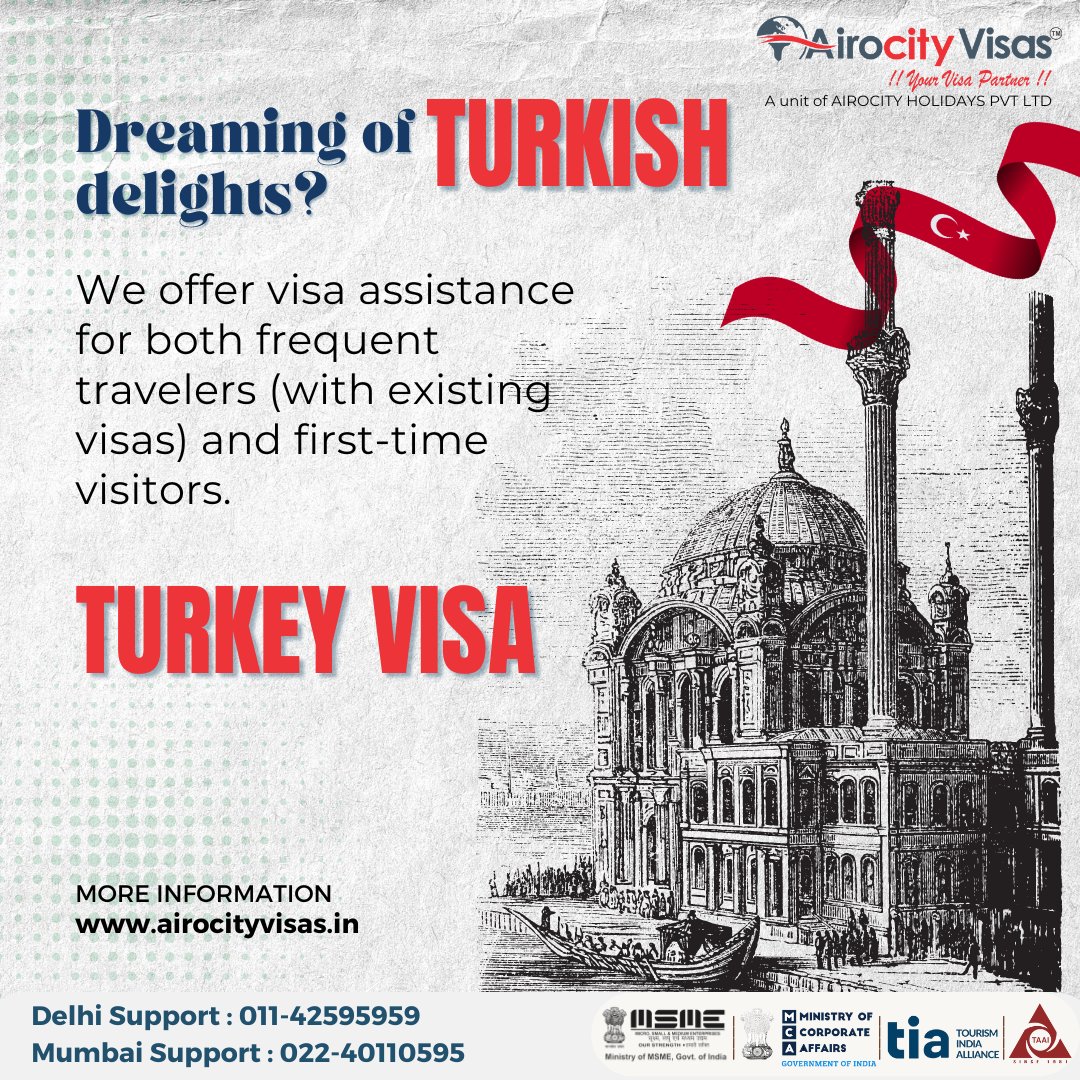 Sun-kissed beaches, ancient ruins, and mouthwatering food - Turkey awaits! Don't let visa worries hold you back. Airocity Visas is here to help. Link in bio: link to Airocity Visas website in bio for more information. #TravelGoals #TurkeyTrip #AirocityVisas #visaagentsinindia