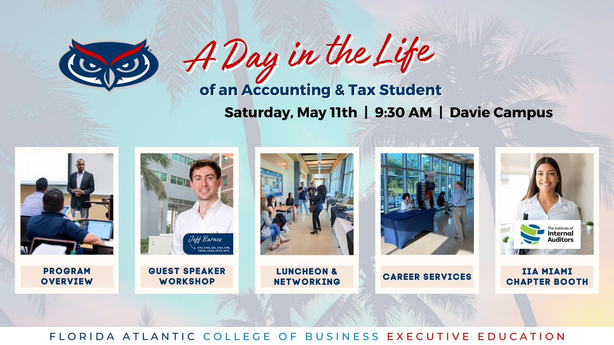Join us for a special day at our Davie Campus on Saturday 5/11.

Meet with the #FAUExecEd team while learning about the Executive Master of Accounting & Executive Master of #Taxation programs. We'll also have a guest speaker exploring certifications.

RSVP:tinyurl.com/2czsma4a