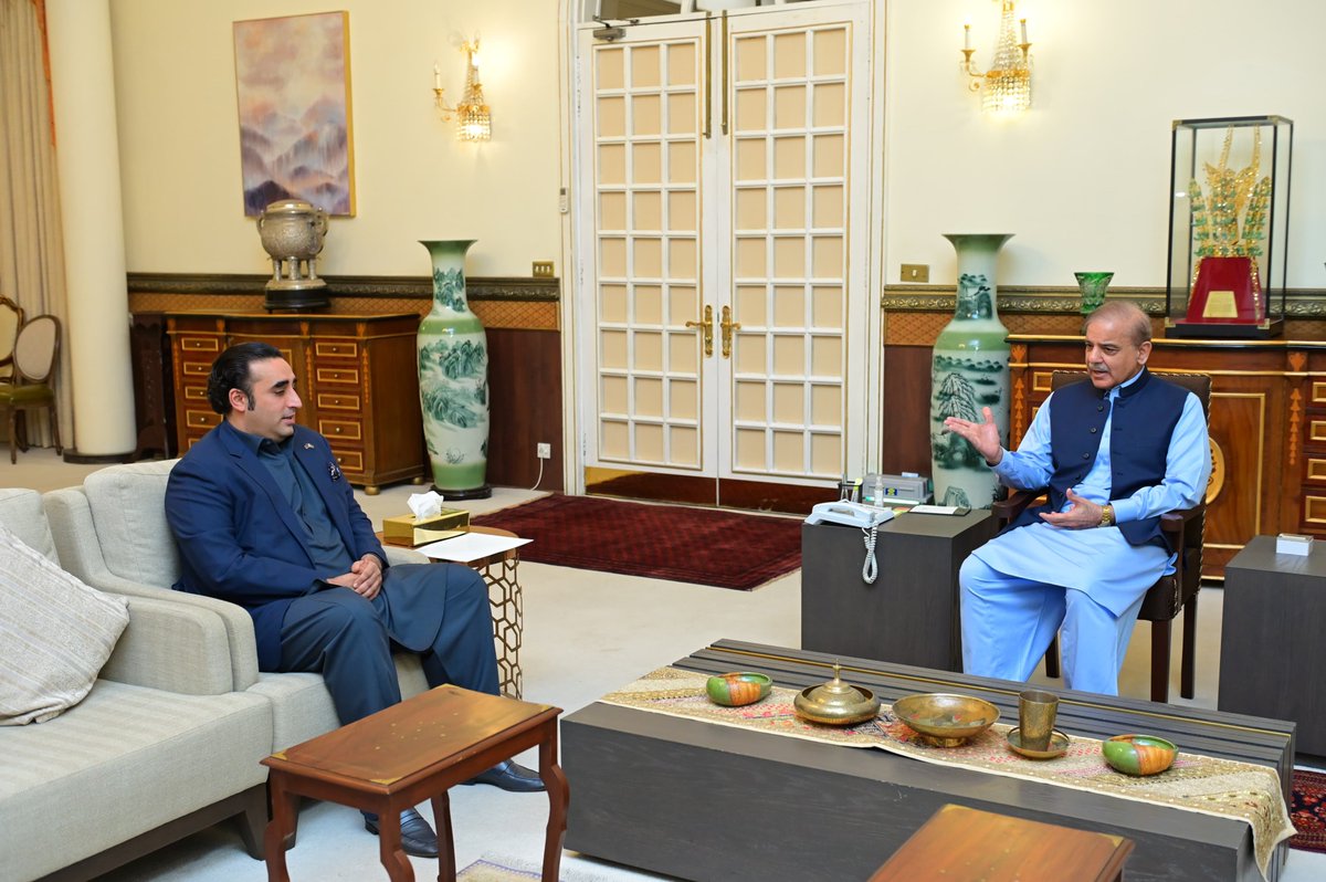 Chairman Pakistan People's Party and MNA Bilawal Bhutto Zardari called on Prime Minister Muhammad Shehbaz Sharif in Islamabad on May 3, 2024. @CMShehbaz