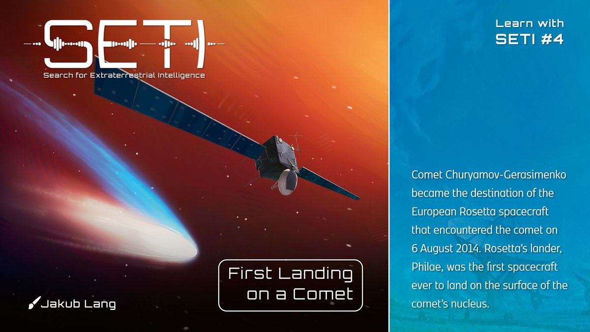 What was the first spacecraft that managed to land on a comet? And when did it happen? #LearnwithSETI will help you find out! 📡 🌌 🖌️ Card illustration is by Jakub Lang 💡 All space facts have been selected by the designer of SETI: Search for Extraterrestrial Intelligence and…