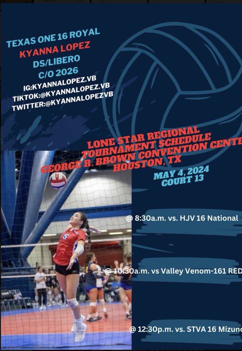 So excited for Lone Star Regionals this weekend!! Check out my schedule for day 1🔥🔥🔥 LETS GO!! <a href="/Texas1Vball/">Texas One Athletics</a> <a href="/PrepDig/">Prep Dig 🏐</a> #kyannalopezvb
