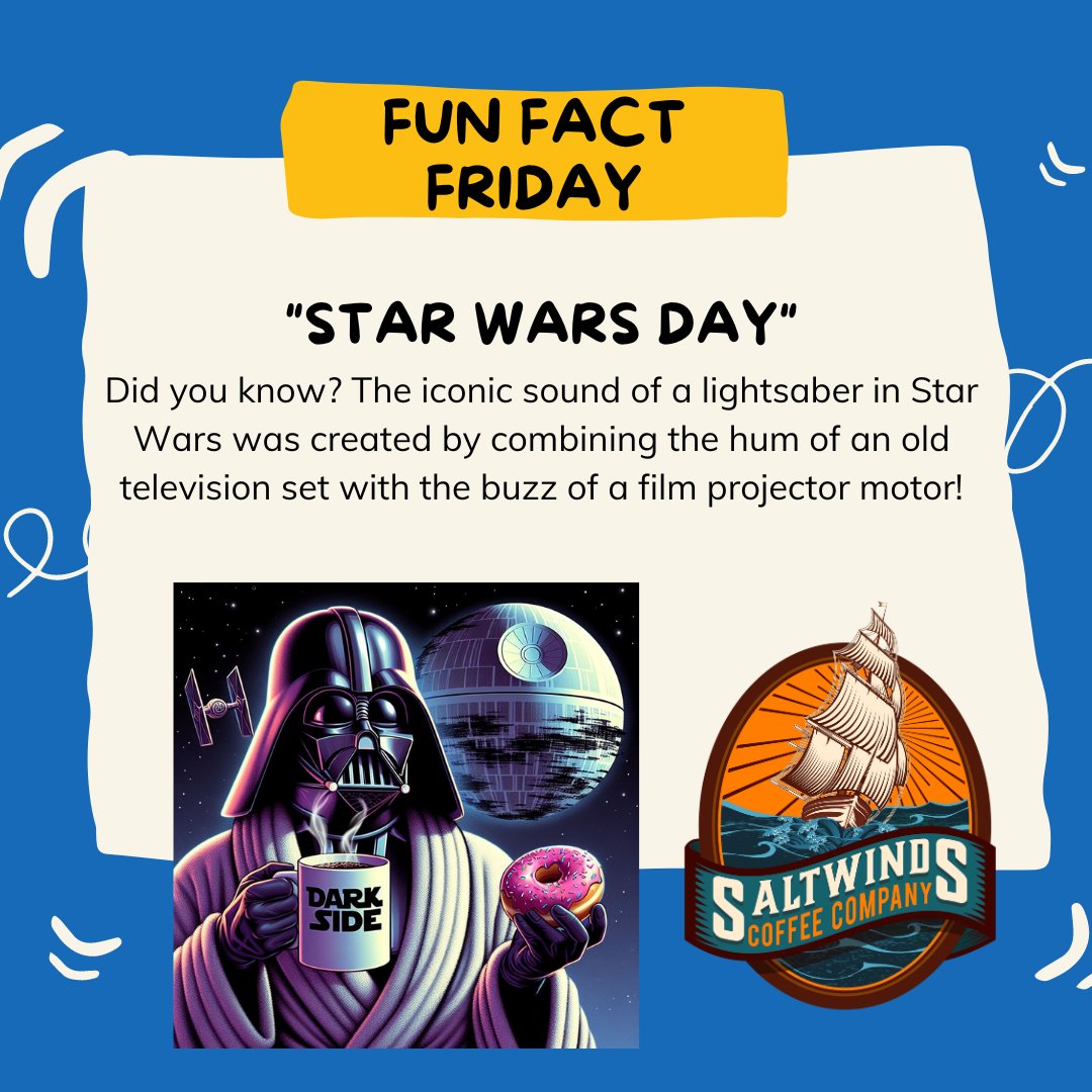 Since tomorrow (May the fourth) is Star Wars day, we thought a little Star Wars trivia might be fun! And be sure to pick up some Drunken Sailor, or Ocean Air coffee, and join the 'Dark Roast Side' with us! saltwindscoffee.com/shop #FunFactFriday #StarWars.
