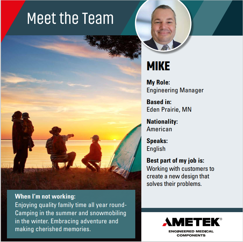👋 Welcome to our #MeetTheTeam series!

Meet Mike - Engineering Manager at AMETEK Engineered Medical Components

Stay tuned for more team highlights!

#PeopleFirst #TeamWork #GreatTeam #Leadership