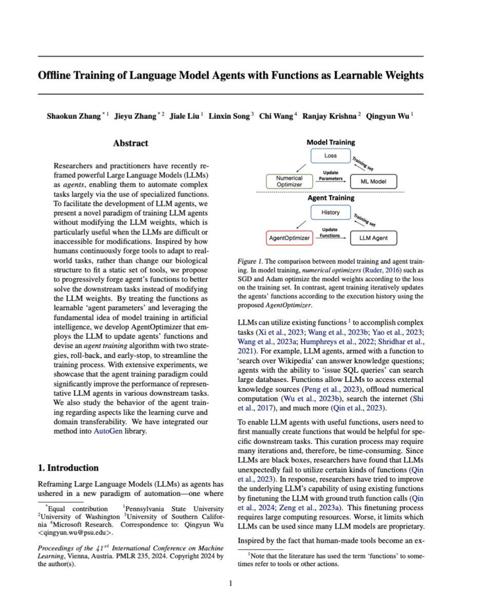 Excited to announce the acceptance of our paper titled 'Training Language Model Agents without Modifying Language Models' (title change to “Offline Training of Language Model Agents with Functions as Learnable Weights” in the revised version.) at #icml2024 @icmlconf 1/N