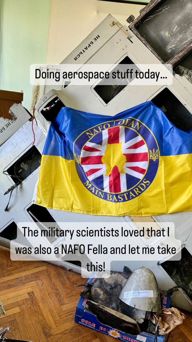 ruzzian drone; go fuck yourself!
Volunteering today in the way I know best; aerospace materials and engineering🤓. They loved the fact that I was also a #NAFO fella so let me take photos of my Main Bastard flag on a downed Shahed to share with fellas!