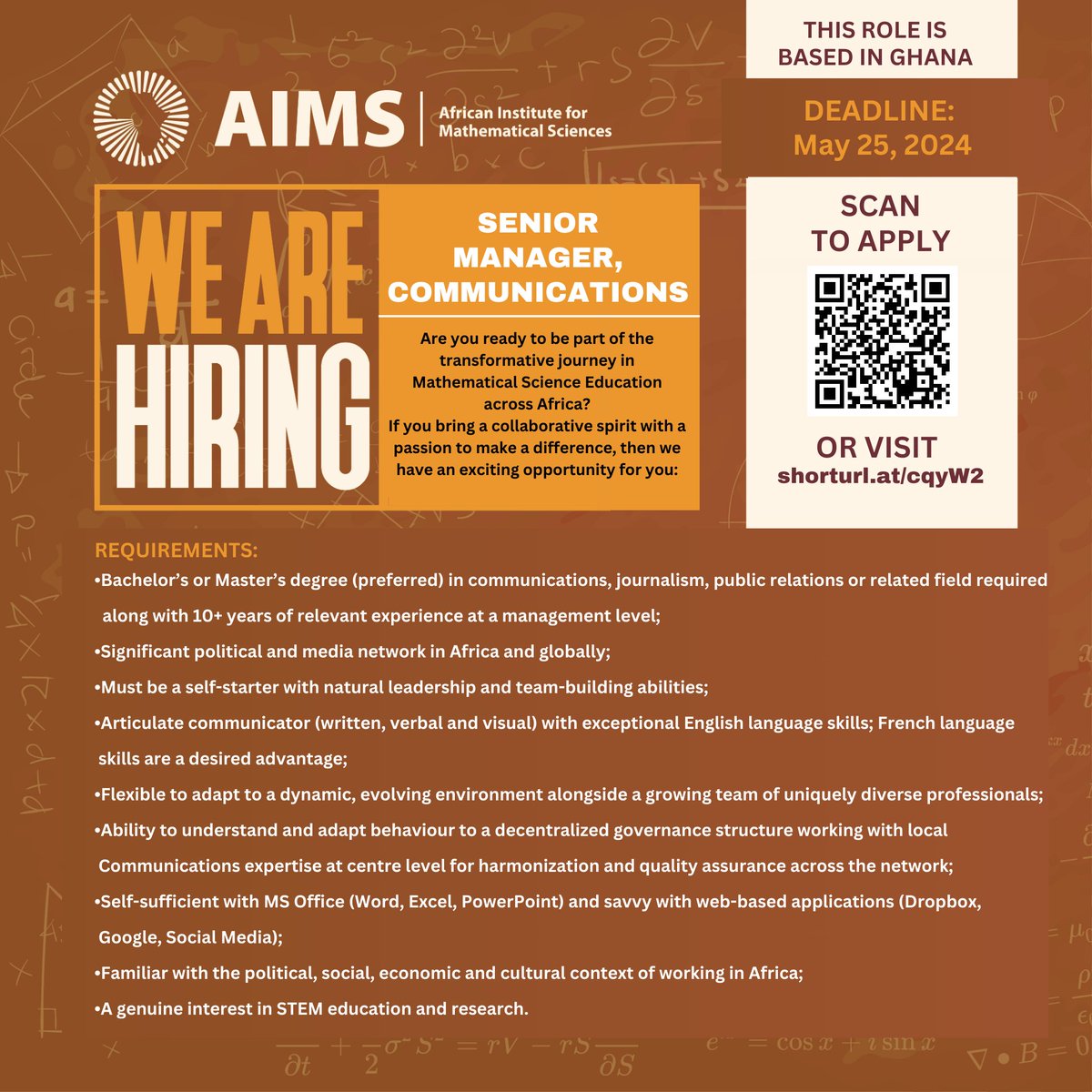 We are shaping the narrative of #Mathematical #Sciences education across Africa!🌍AIMS seeks a Senior Comms Manager to lead our outreach efforts. Are you passionate about impactful #storytelling & driving change through strategic #communication? Apply via: shorturl.at/cqyW2