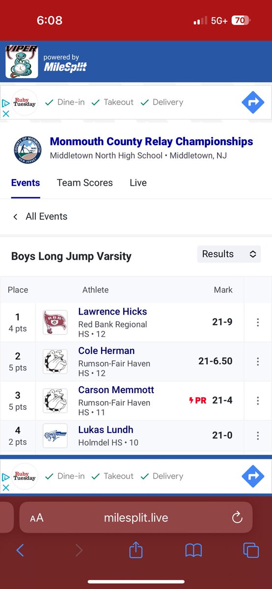 memmottcarson1's tweet image. Great first few weeks of track, in my first season I’ve been doing high jump and long jump. Yesterday, my relay partner, Cole Herman and I won 1st place in High and Long jump at Monmouth County Relays! I jumped a PR 21’4 on Long jump, and tied my PR with 5’8 on high jump.