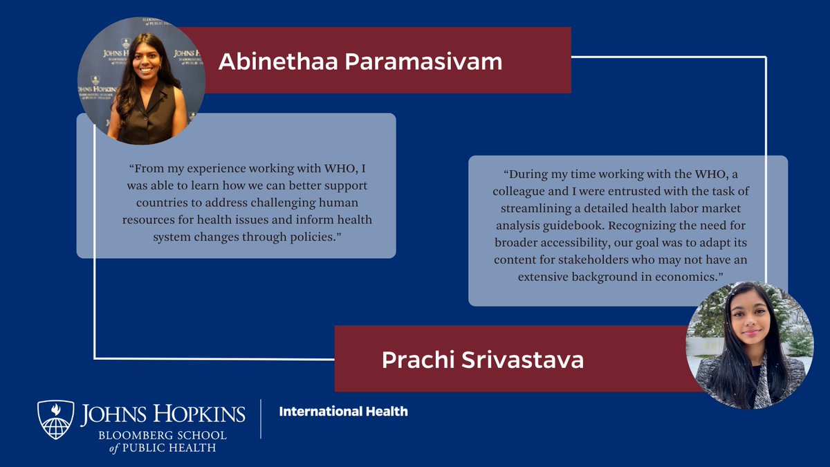 Two of the students in our MSPH in Health Systems degree program in @JohnsHopkinsIH recently completed their practicum at @WHO. @Abinethaa and Prachi were the recipients of the 2023–2024 Eckhert Fazen award, which allowed them to strengthen their knowledge in #GlobalHealth.